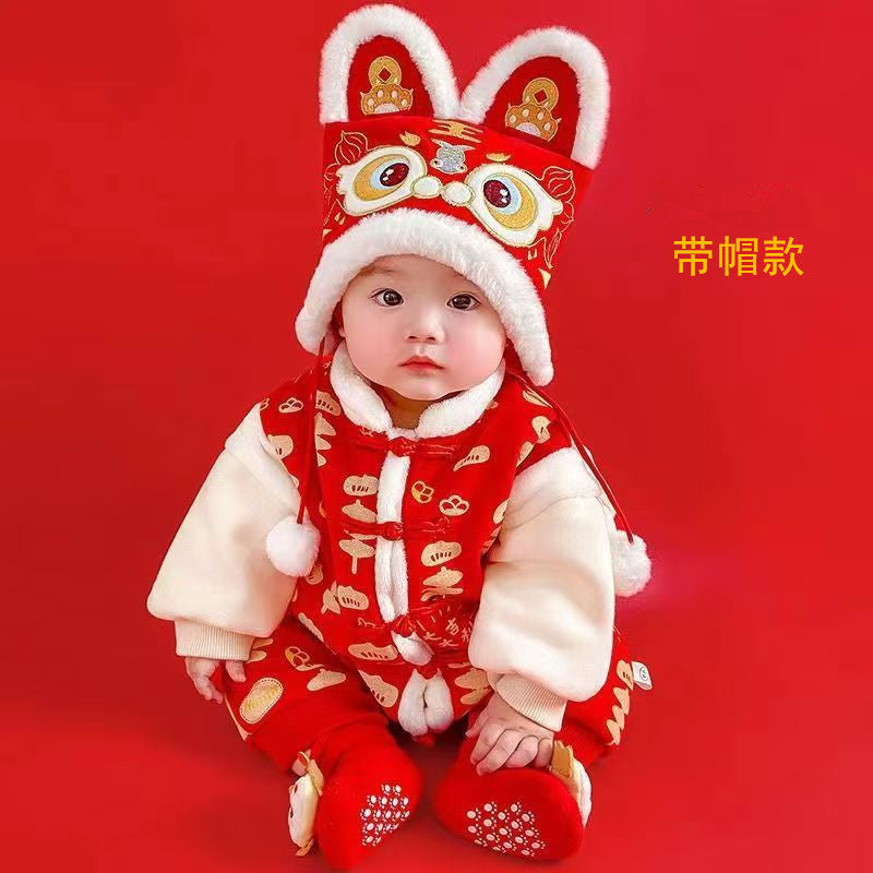 GM26010104嬰兒冬季加厚連身衣服寶寶滿月百天週歲禮服紅色喜慶拜年服棉服秋