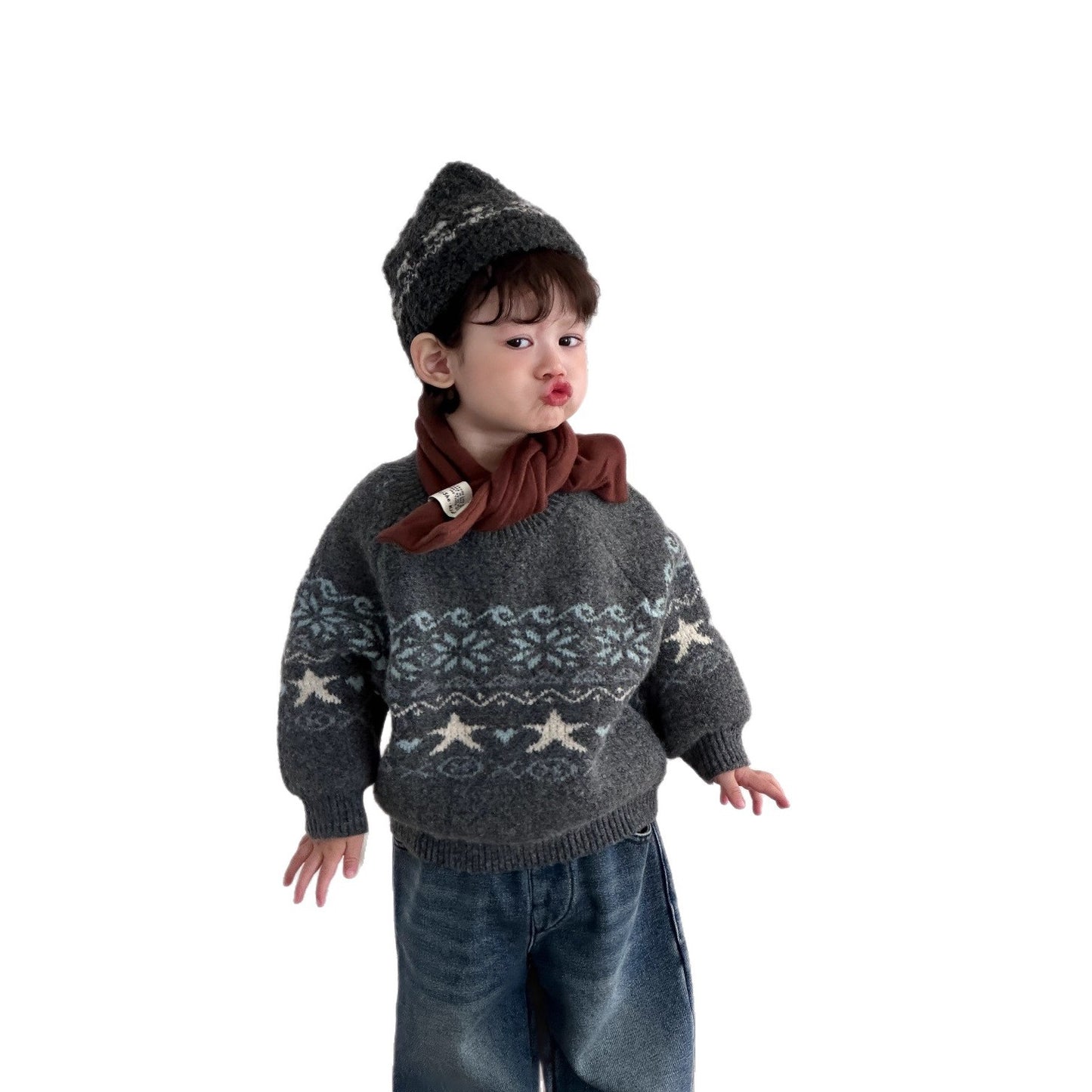 GN26012722兒童服飾冬季2025新款韓版童裝寶寶針織毛衣冬款男童加絨牛仔套裝