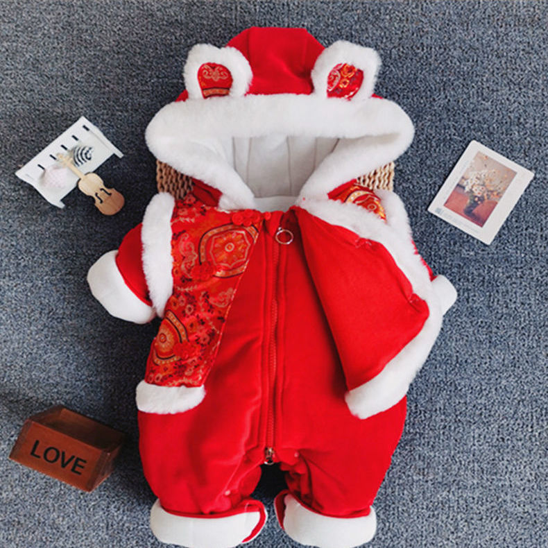 GM26010106新生兒冬款加棉加厚連身衣男寶寶秋冬裝套裝大紅色出拜年過年哈衣