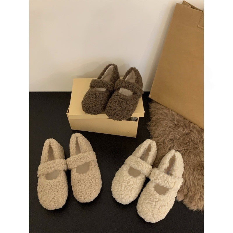 Z26010120平底百搭瑪莉珍毛毛鞋女鞋外穿2025新款秋季冬季加絨棉鞋單鞋