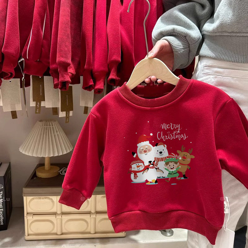 CA25112714加絨兒童裝圓領衛衣秋冬2025新款百搭喜紅色慶聖誕過年服保暖上衣