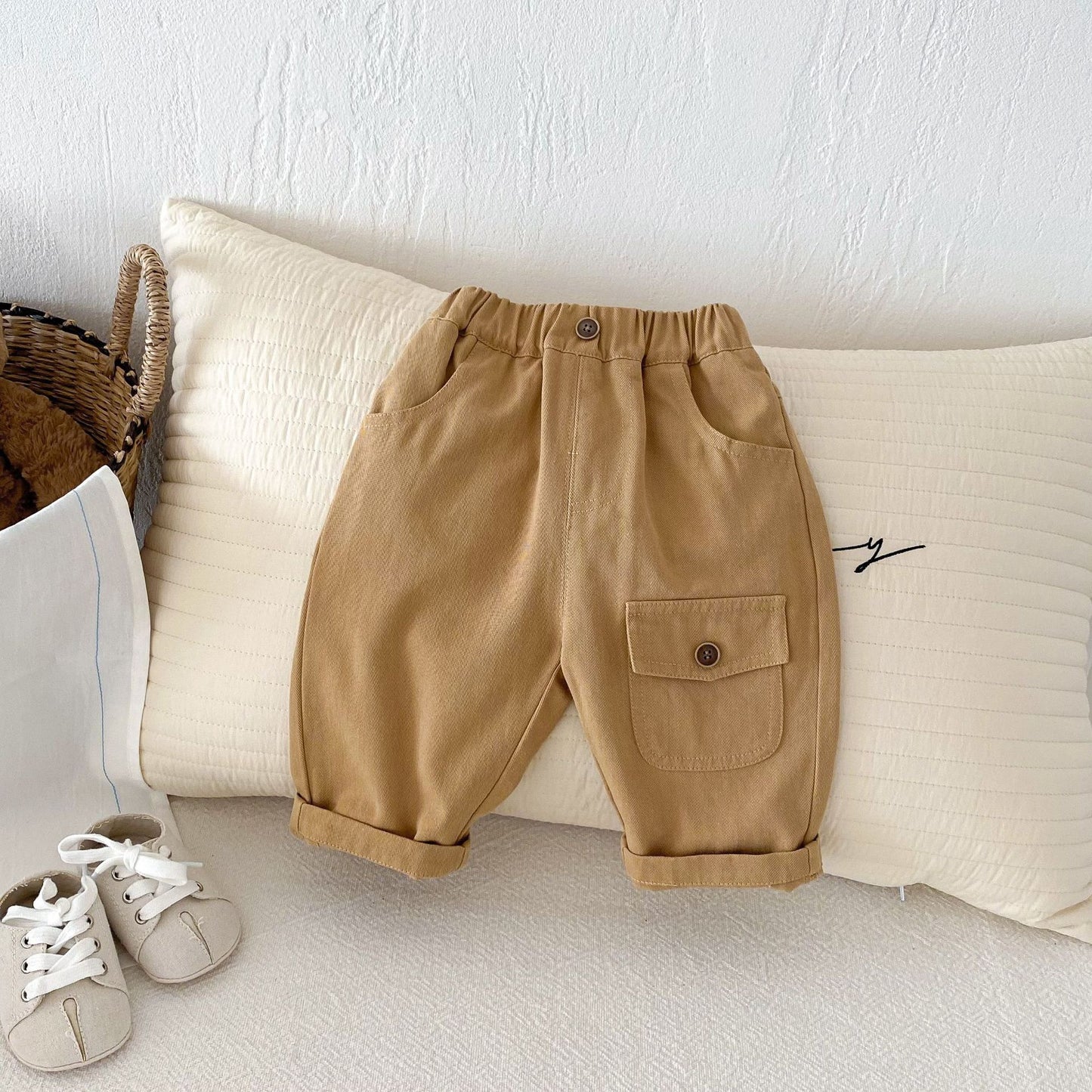 Z26010234韓版2025春秋爆款純色百搭潮流寶寶休閒褲男童口袋設計感長褲