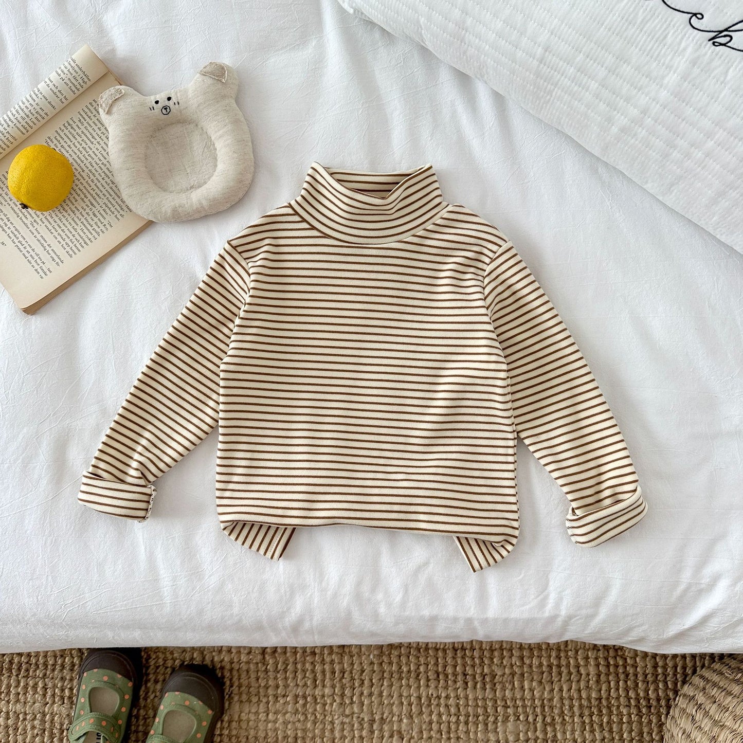 CA25112718秋冬兒童時尚條紋打底衫半高領德絨童裝長袖T卹內女孩搭保暖上衣