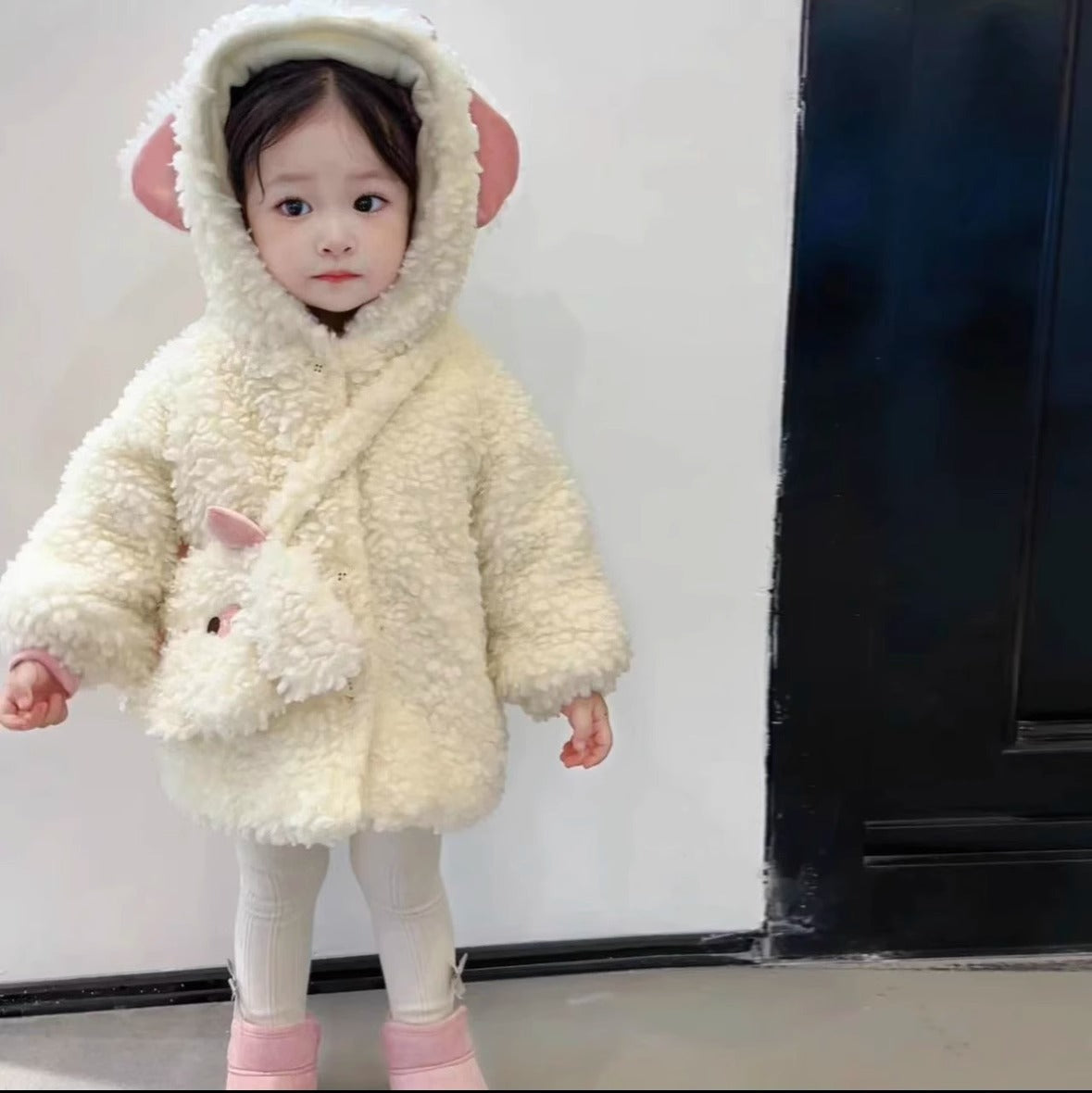 Z23111319兒童毛毛外套2023冬季韓國童裝女童可愛加厚連帽上衣寶寶冬裝潮範