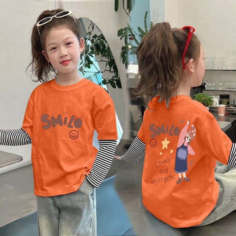 CE25091902女童純棉長袖T恤兒童假兩件條紋上衣春秋裝新款小孩洋氣打底衫