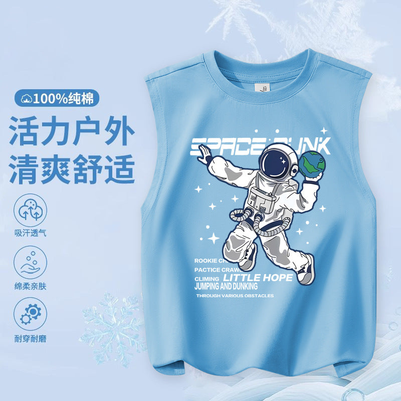 FN26052912男童純棉背心2026圓領套頭衫卡通印花夏季寬鬆兒童無袖上衣