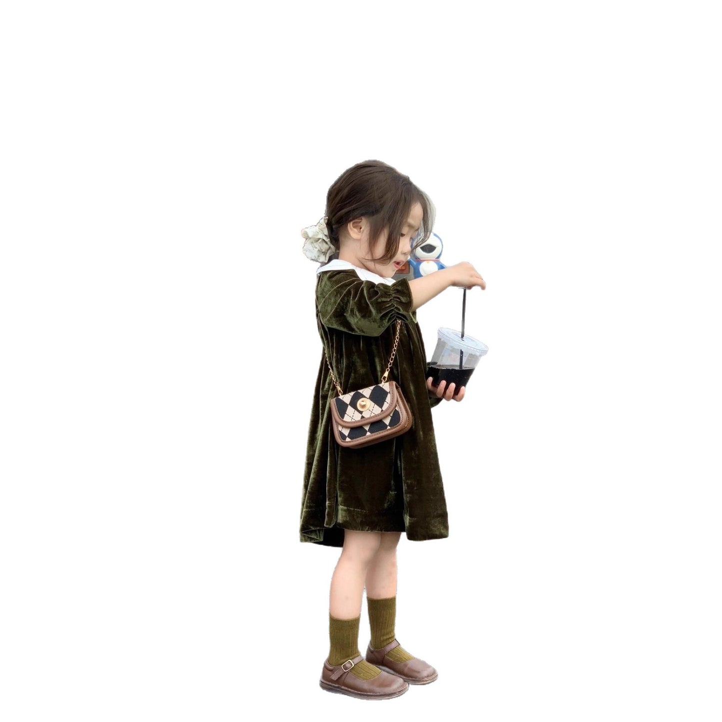 CG25103001韓國童裝女童秋款復古公主領墨綠金絲絨公主裙