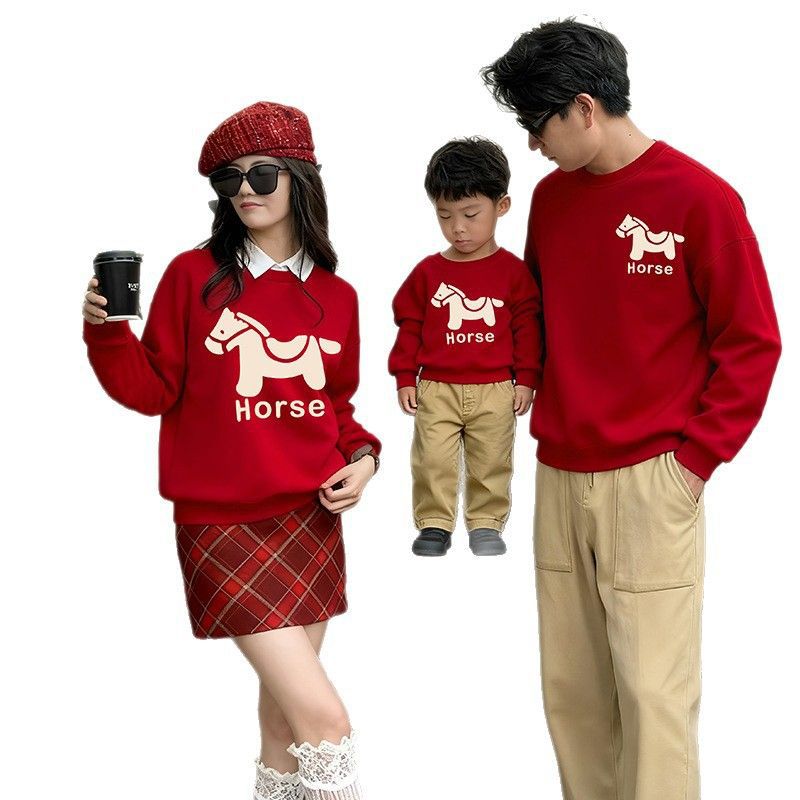 LA26011401親子裝秋冬新款圓領印花衛衣一家三口高端全家裝紅色喜慶拜年服潮