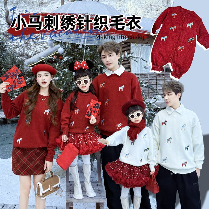 L26010611新年親子裝2026新款潮一家三四口馬年紅色年服喜慶過年寶寶毛衣潮