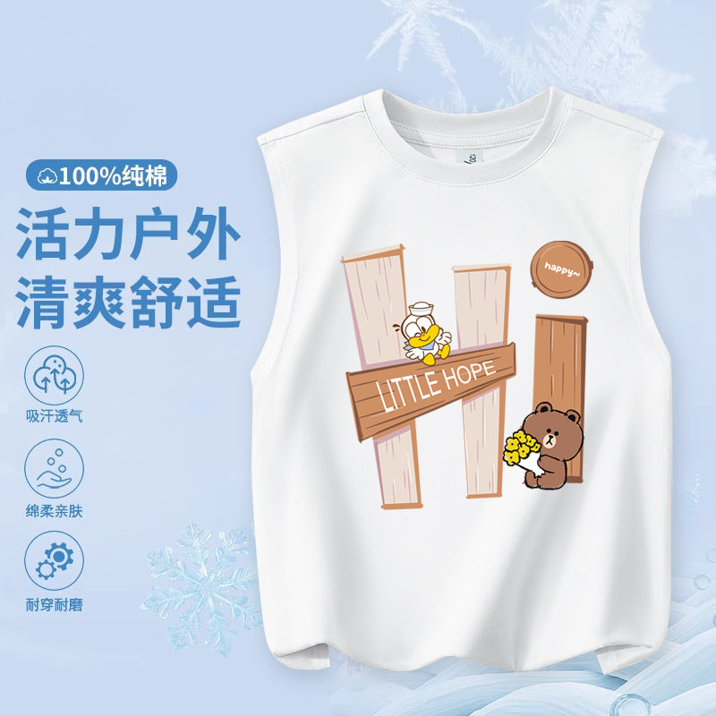 FN26052912男童純棉背心2026圓領套頭衫卡通印花夏季寬鬆兒童無袖上衣