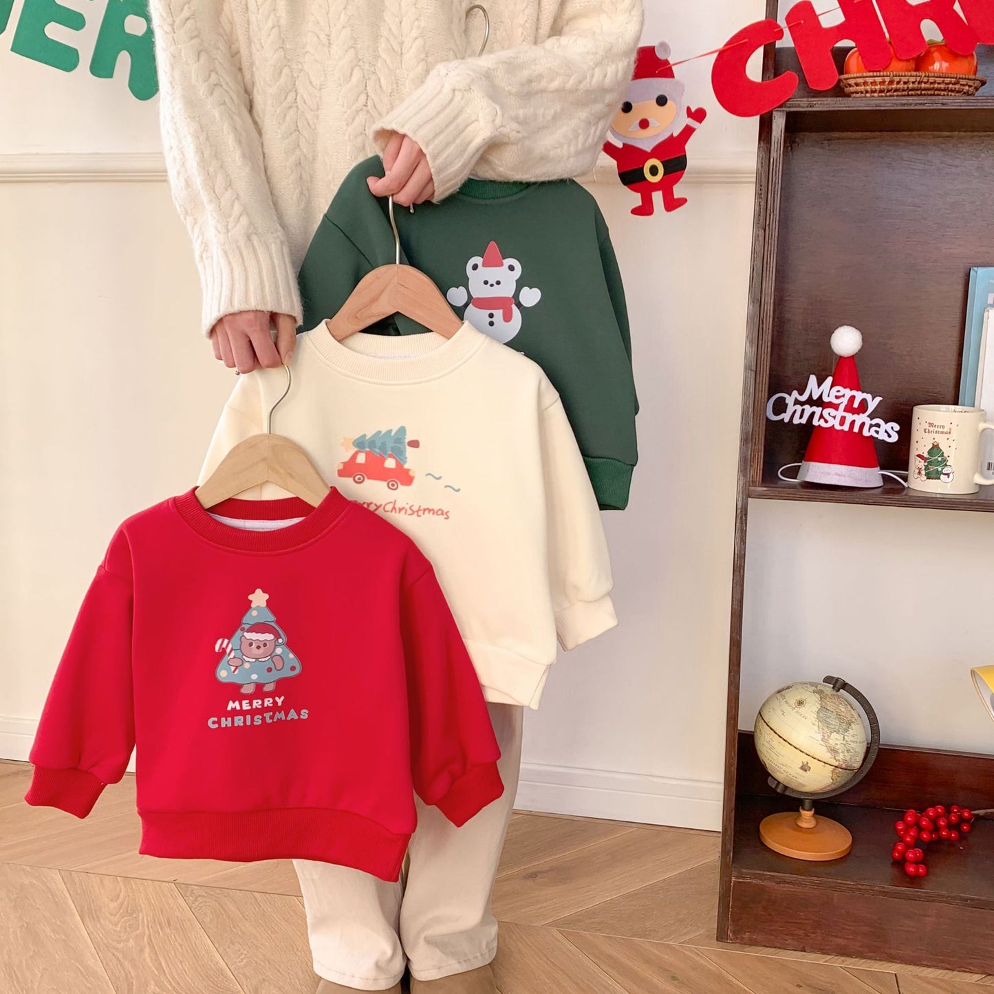 CA25112704冬季兒童加絨衛衣聖誕節可愛女孩裙子卡通保暖打底衫節日上衣