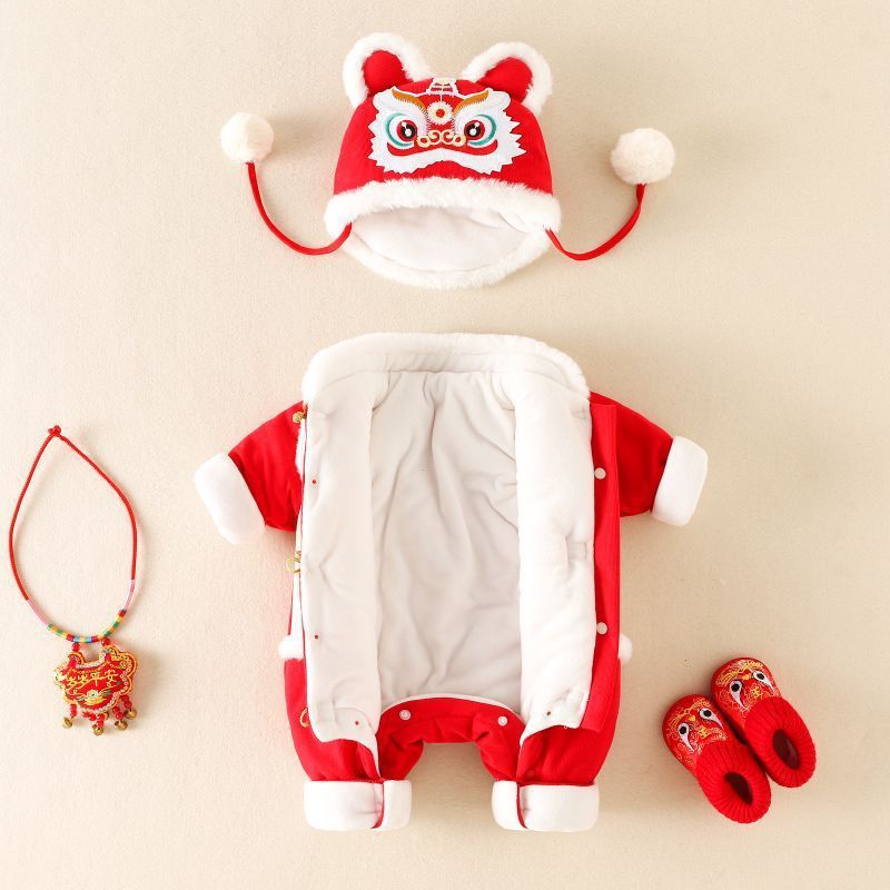 GM26010105嬰幼兒拜年服棉服連身衣服男寶寶百天過年哈衣冬季加厚戶外爬服