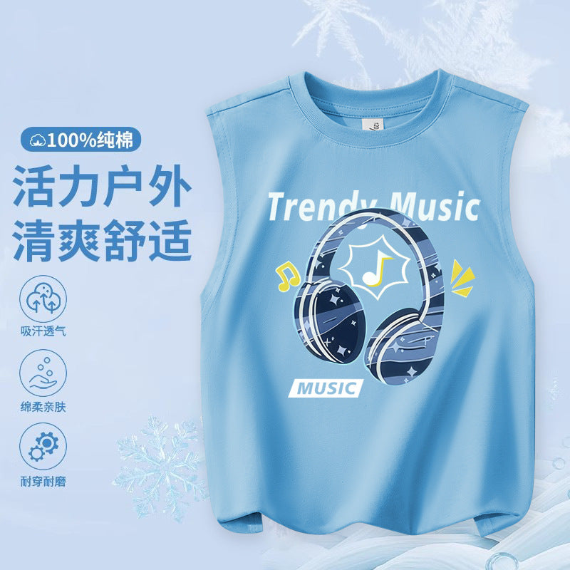FN26052912男童純棉背心2026圓領套頭衫卡通印花夏季寬鬆兒童無袖上衣