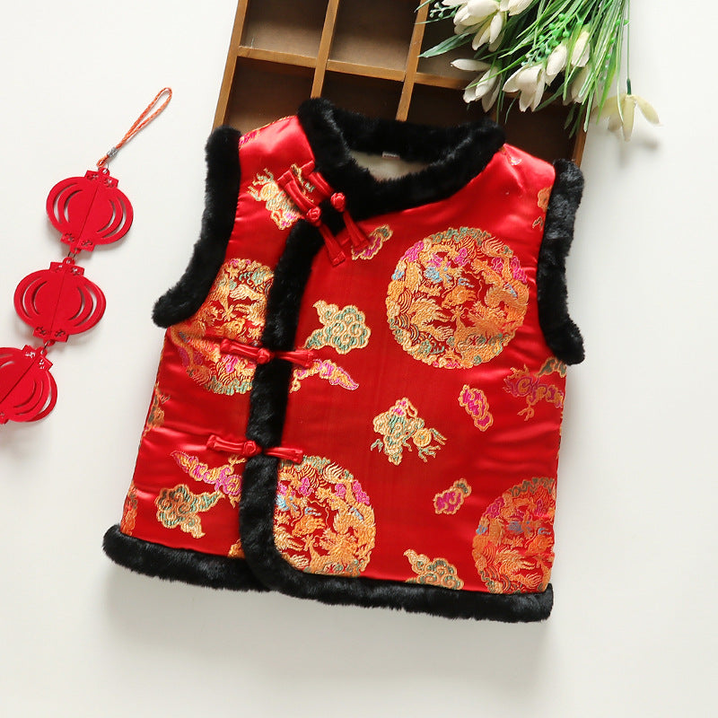 Z26010251中式年服兒童馬甲男女童加絨加厚背心喜慶新年裝唐裝