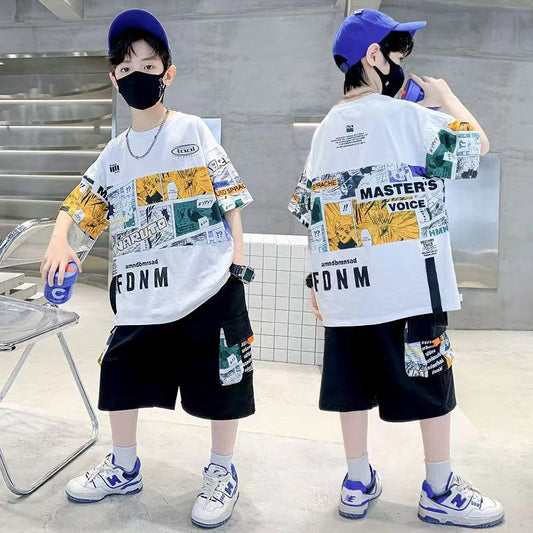 FG25053009新款兒童夏季T恤兩件組中大童休閒潮款男童夏裝短袖套裝帥氣時髦