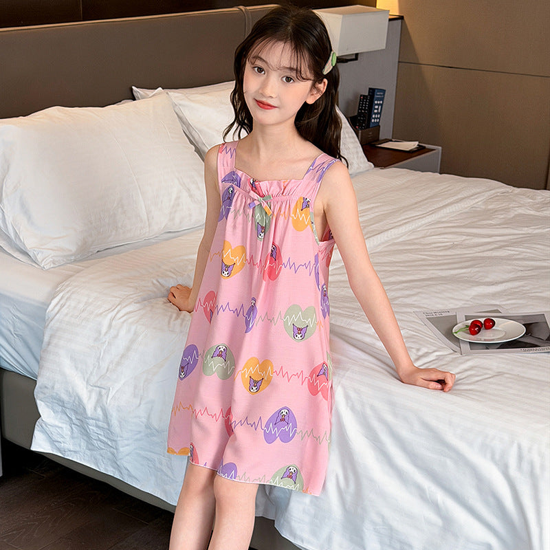 CK26050503女童睡裙棉綢夏季薄款兒童冰絲吊帶睡衣女童夏裝公主裙大童家居裙(9-12天到貨)