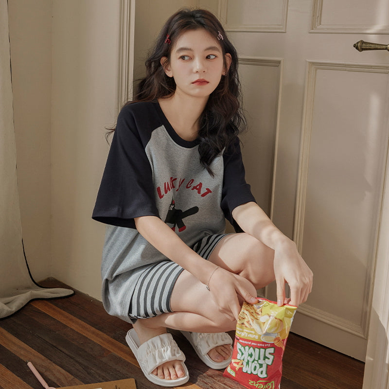 Z25040107自備胸墊睡衣女夏季純棉短袖簡約條紋可外穿學生家居服套裝