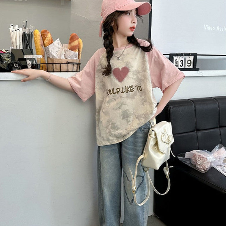 FO26062607童短袖T恤棉質夏裝學生印花紮染洋氣女孩中大童半袖上衣夏季潮中大童半袖上衣夏季潮