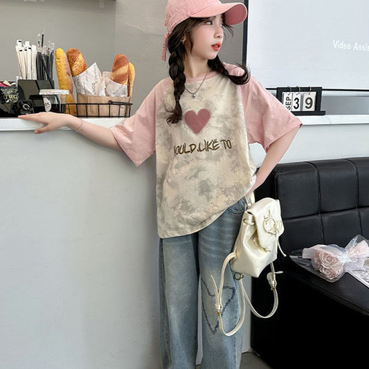 FO26062607童短袖T恤棉質夏裝學生印花紮染洋氣女孩中大童半袖上衣夏季潮中大童半袖上衣夏季潮