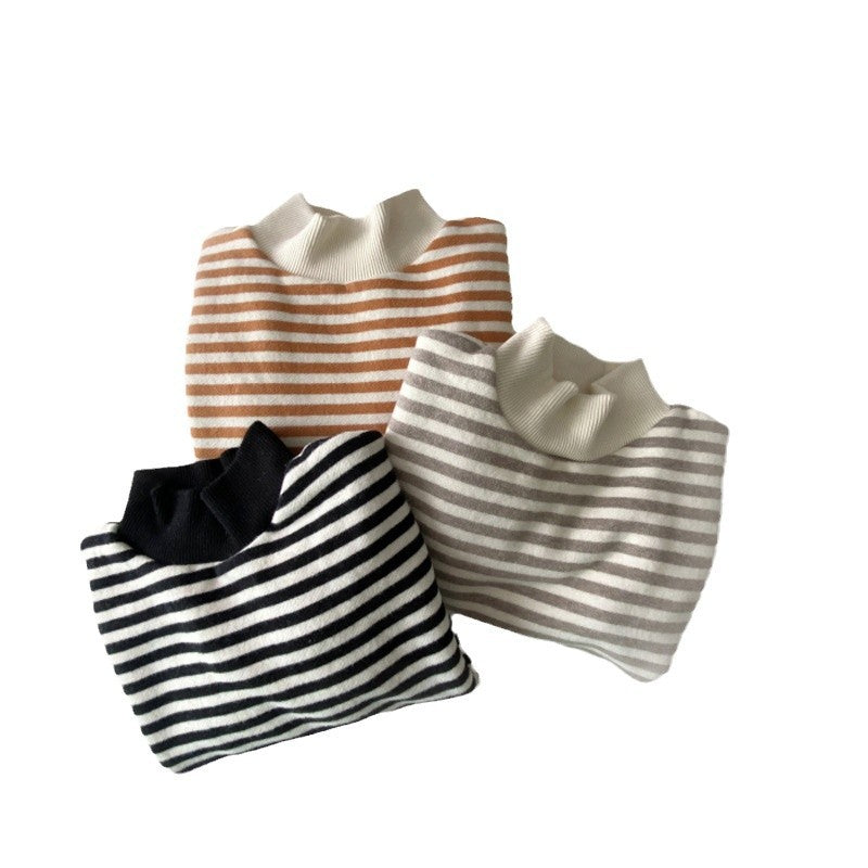 GB25111306韓版ins嬰兒幼童裝條紋加絨衛衣中性寬鬆版型高領絨衫寶寶上衣