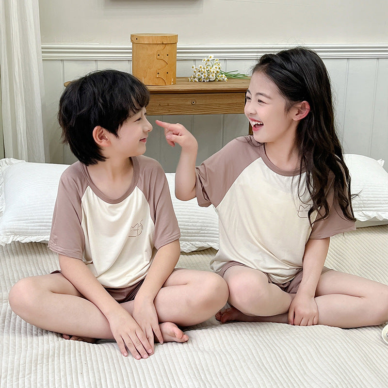 CK26050521莫代爾兒童睡衣夏季薄款男童短袖短褲冰絲女童家居服中大童空調服(9-12天到貨)