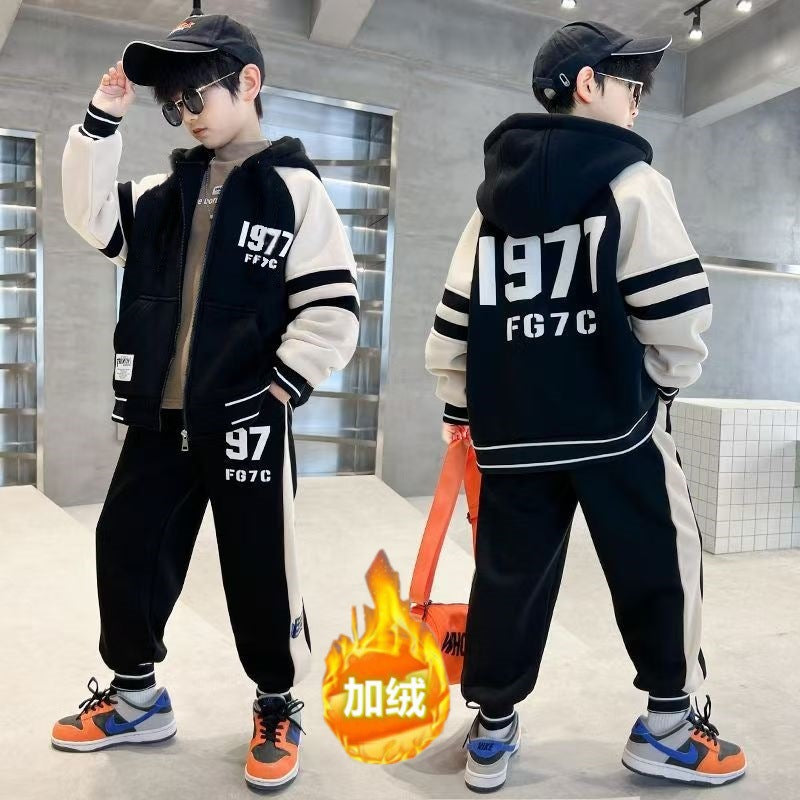 FG25112014男童雙面加絨加厚金絲絨套裝中大兒童拉鍊開襟衫運動休閒冬裝兩件套