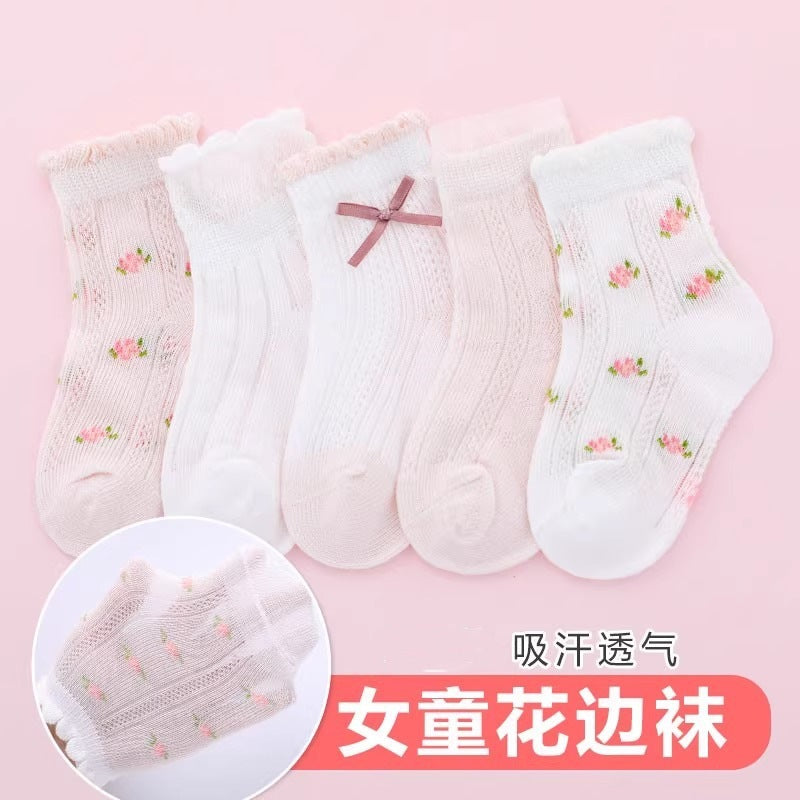 SB26080706秋季薄款薄款網眼襪公主冰絲襪兒童蝴蝶結寶寶粉紅襪子(一組5雙)