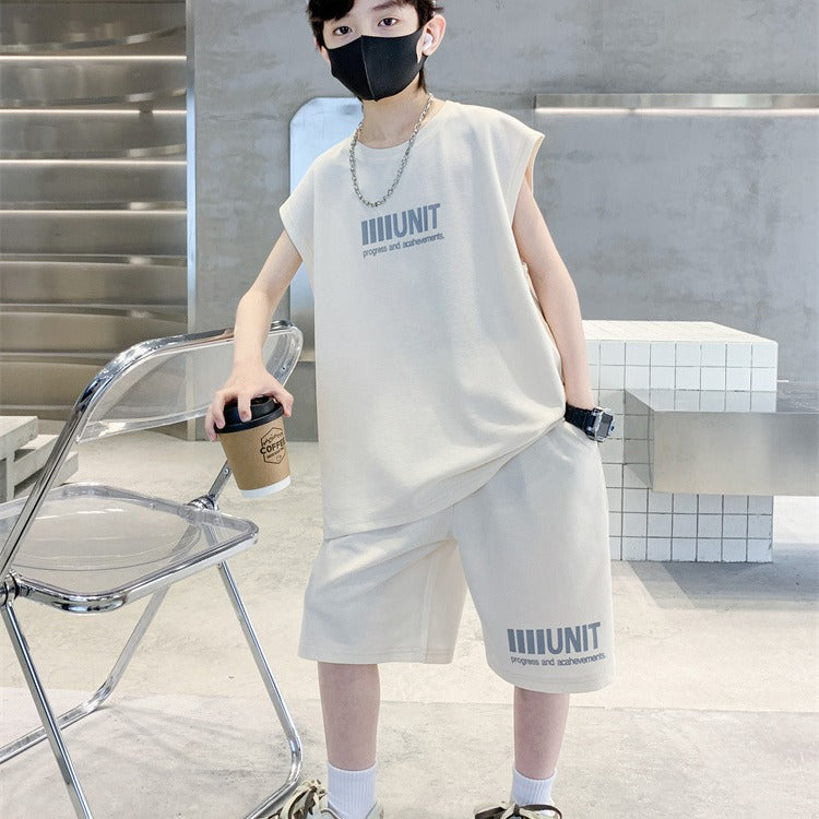 FM26042202男童夏裝套裝男童背心短褲套裝休閒無袖運動中大童兩件套兒童衣服