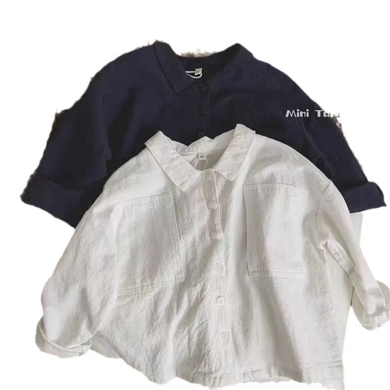 Z25033103兒童襯衫日系風復古蝙蝠袖翻領棉麻春秋男寶寶上衣男孩外穿外套衫