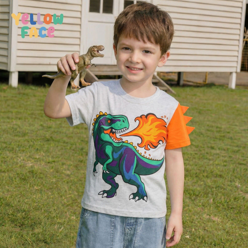 CL26061712新款男童短袖T恤歐美風恐龍印花圓領兒童上衣針織棉童T恤