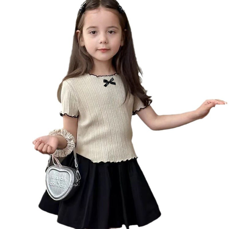 Z25030904女童韓版木耳邊短袖夏裝新款洋氣冰絲上衣涼感蝴蝶結百搭上衣T恤