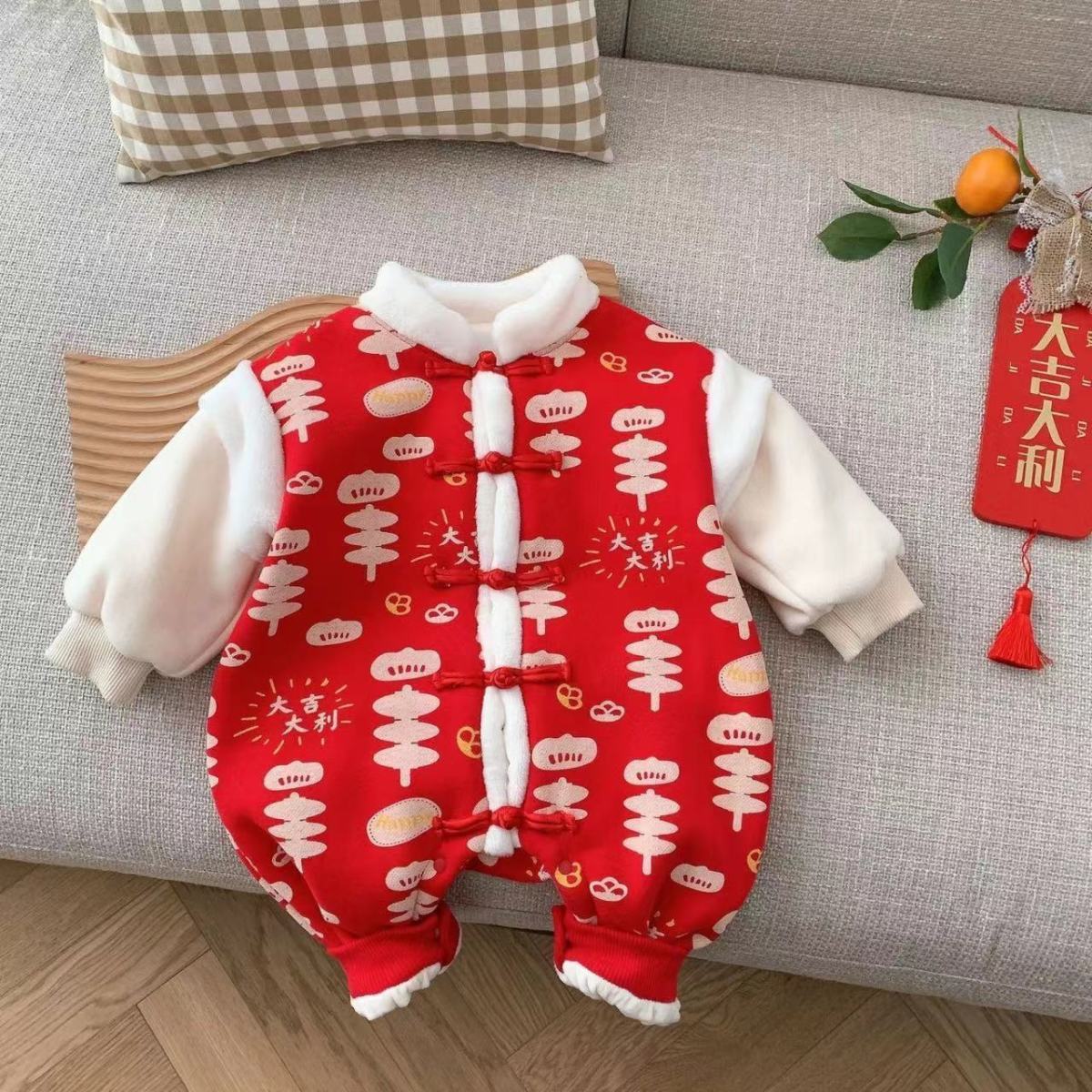 GM26010104嬰兒冬季加厚連身衣服寶寶滿月百天週歲禮服紅色喜慶拜年服棉服秋