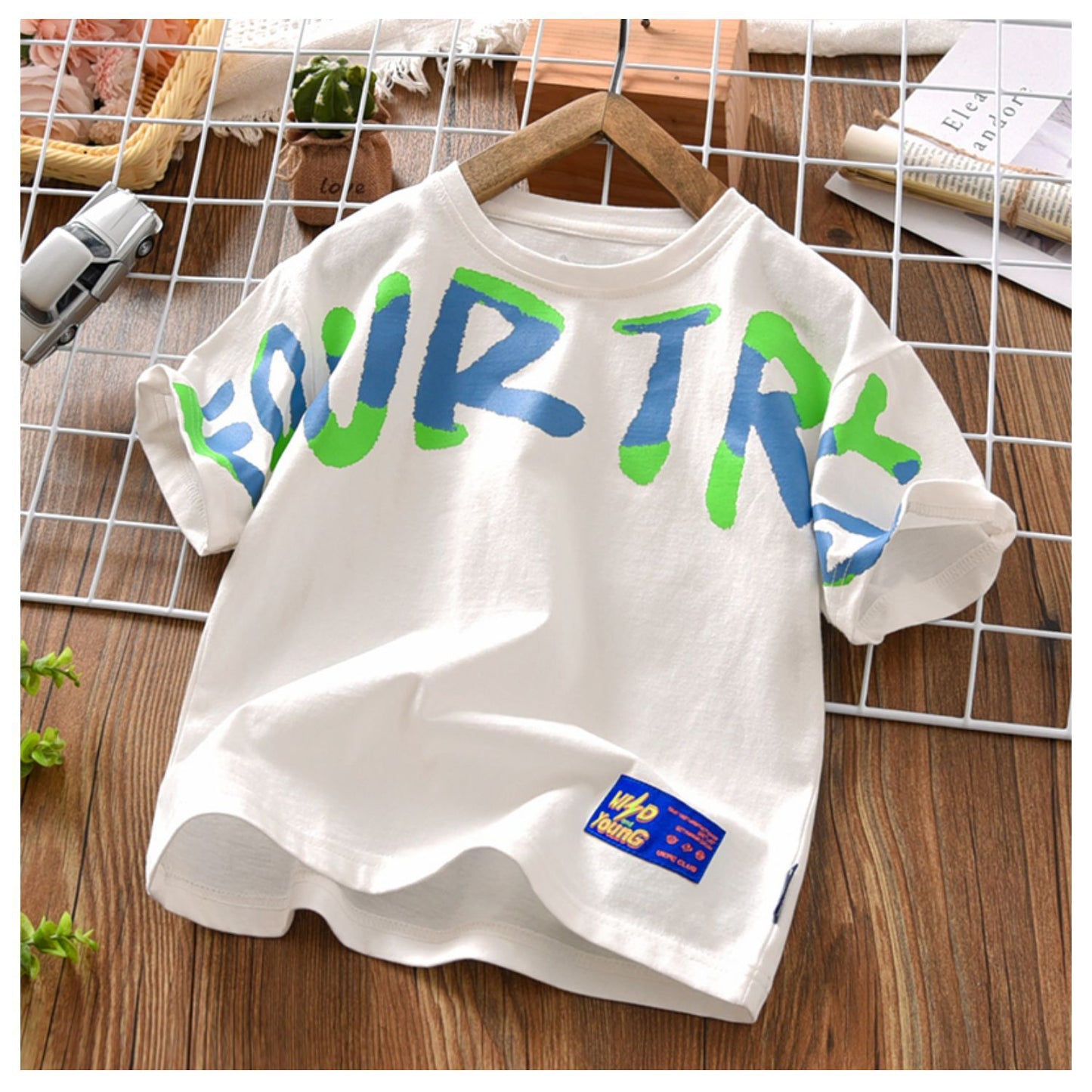 FB24070107男童印花短袖T卹2024夏季新款韓版兒童條紋半袖體恤中大童上衣潮