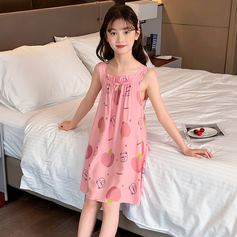 CK26050503女童睡裙棉綢夏季薄款兒童冰絲吊帶睡衣女童夏裝公主裙大童家居裙(9-12天到貨)