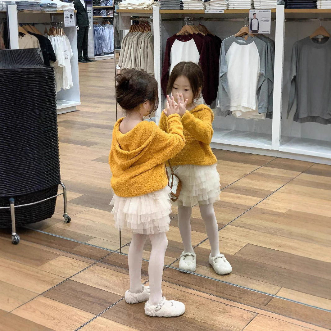 CG25103004春女童休閒軟糯黃色連衫+燈光風層半身蛋糕紗裙