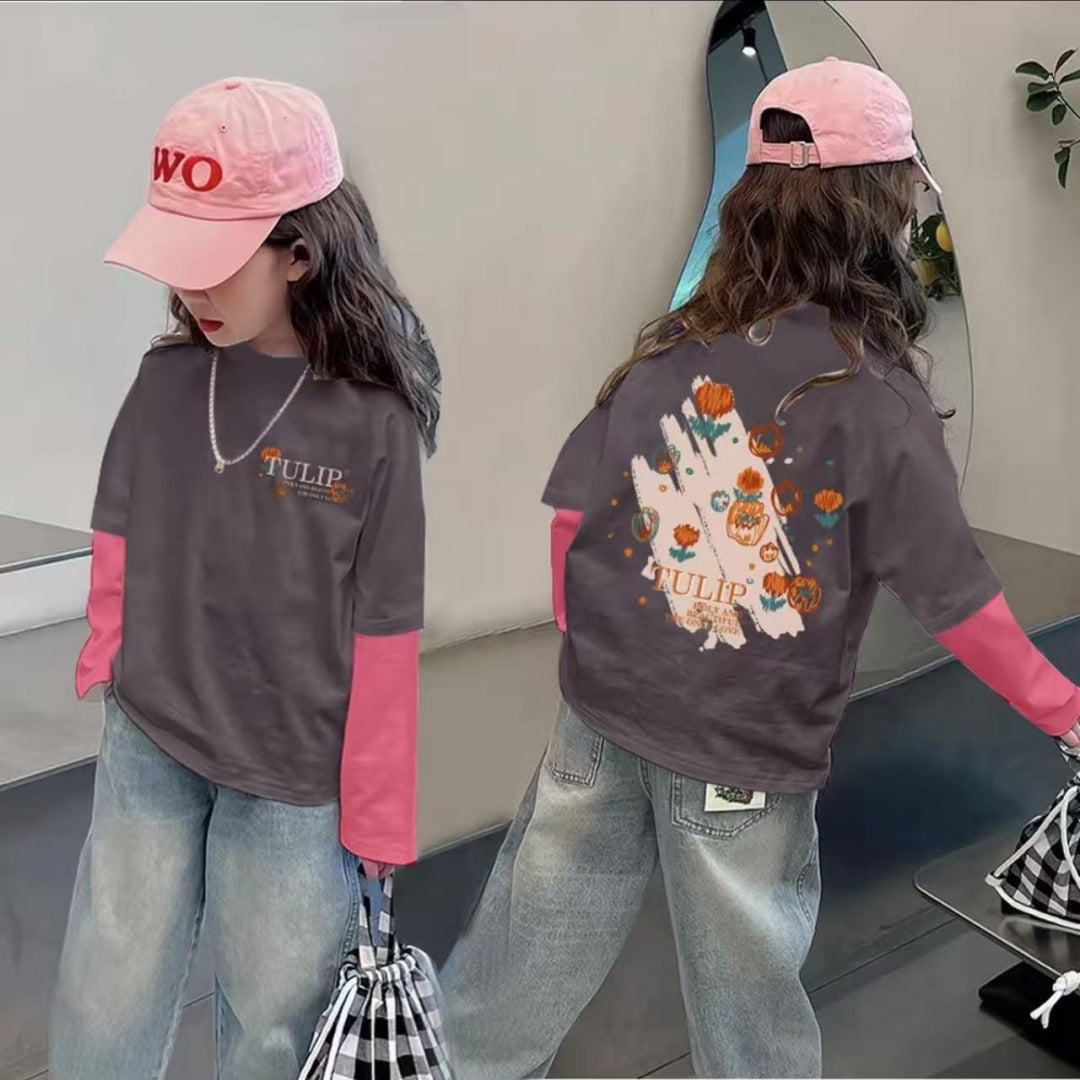 CE25091904純棉女孩拼色可愛長袖T恤秋季網紅潮流卡通動漫燈光打底上衣