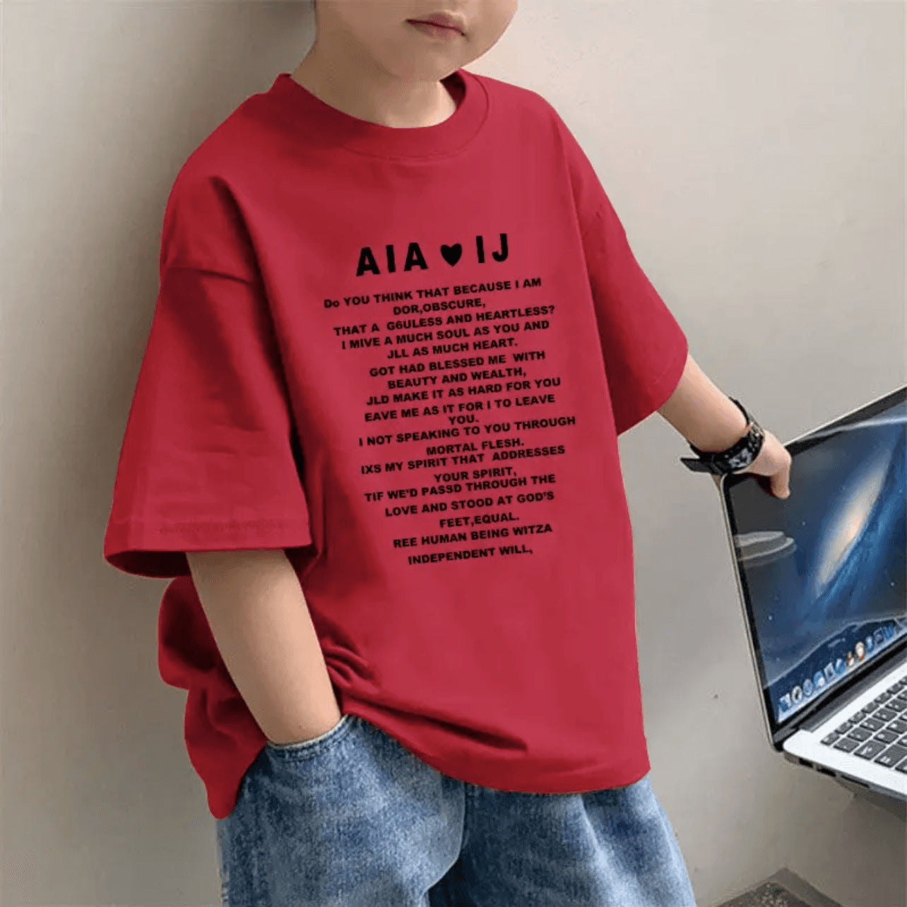 CE26022613兒童洋氣短袖T恤打底衫夏季時尚韓版男童純棉紅色半袖百搭中大童