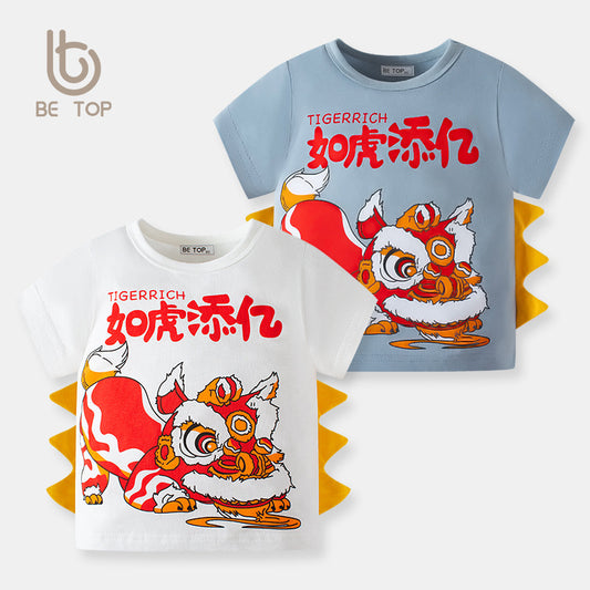 B23053011中國風兒童短袖舞獅醒獅夏季新款男童T恤