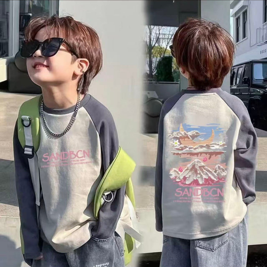 CE26090506 100%純棉男童插肩袖長袖T2026春秋時尚中大童剪裁撞色圓領打底衫