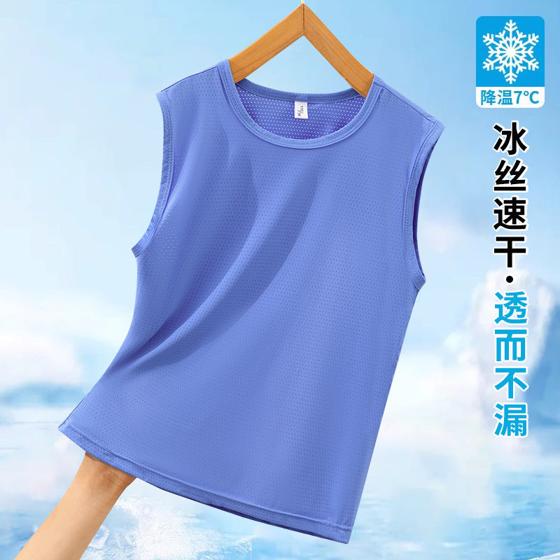 FN260529兒童冰絲速乾背心夏季男童純色中大童裝無袖薄款網眼坎肩上衣