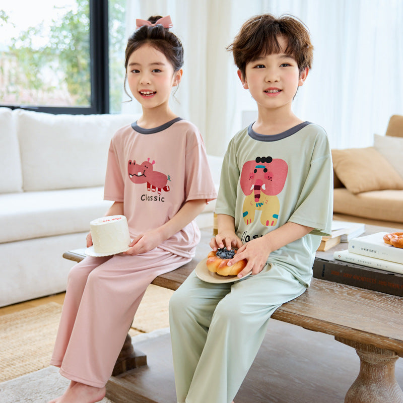 CK26050519男童睡衣2026新款夏季薄款女童短袖長褲兒童女孩家居服大童空調服(9-12天到貨)