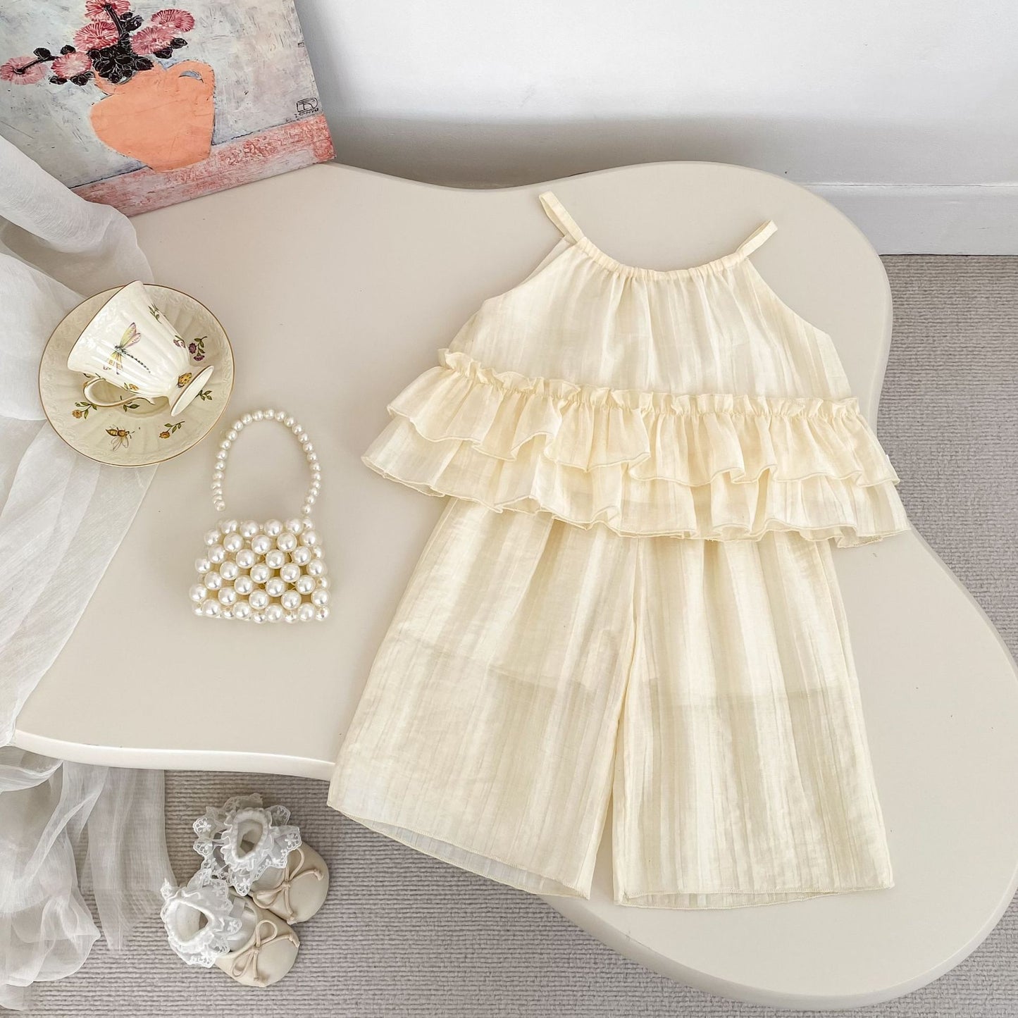 GN26030907夏季女寶寶套裝簡約時尚女小童荷葉邊吊帶上衣闊腿裤两件套(2件起批)GN開頭需下單2款才有出貨,可混搭