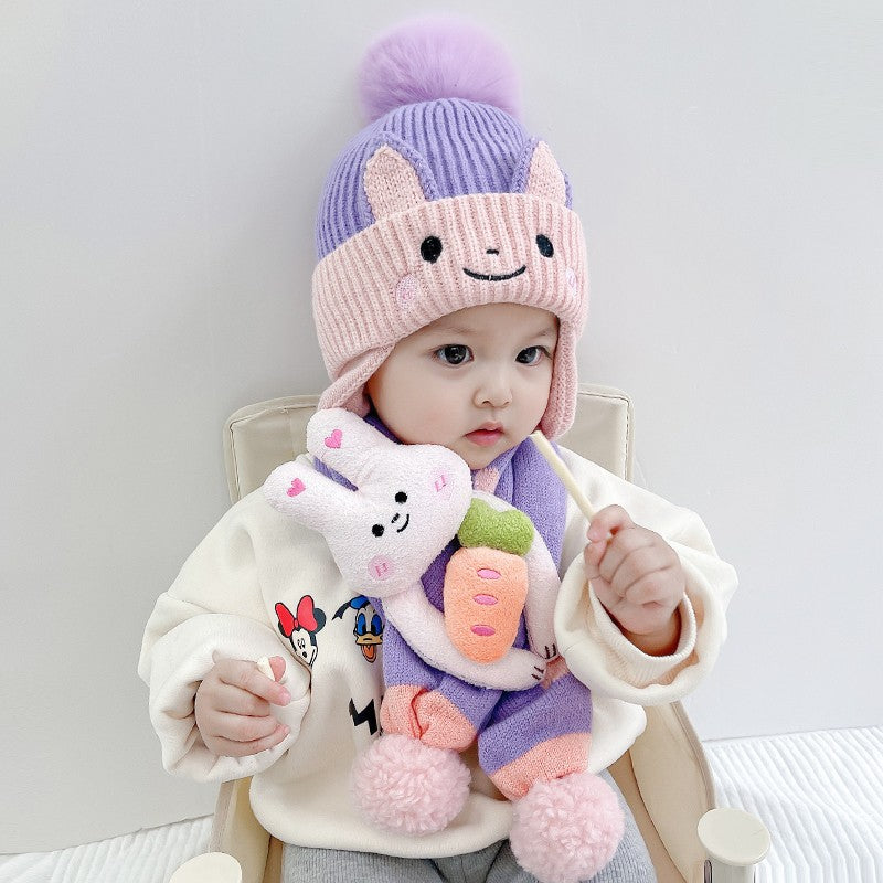 Z23111320冬季寶寶帽子保暖加厚兒童帽子圍巾兩件男童女童防風護耳針織帽