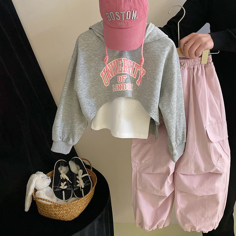Z26010241潮範字母短款衛衣打底背心帽衫兩件組春季時尚洋氣時尚工裝褲