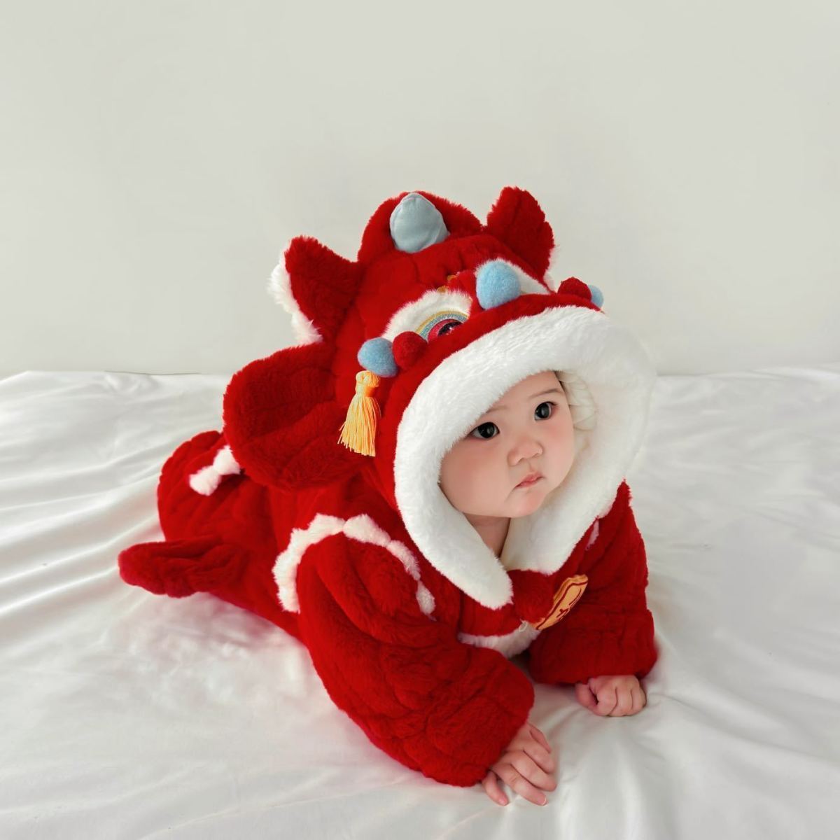 GM26010107寶寶連身衣服冬裝寶寶拜年服加絨加厚哈衣紅色喜慶超萌過年外出服