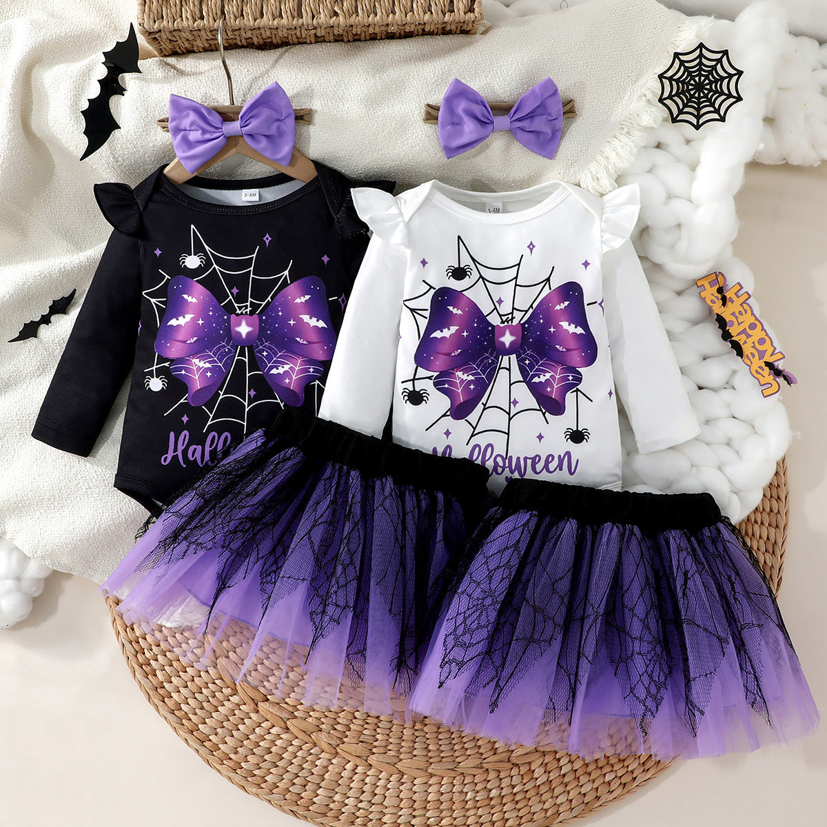 Z25091118邊境萬聖節女嬰嬰幼兒秋季長袖蝴蝶印花連身哈衣+半身裙網紗裙