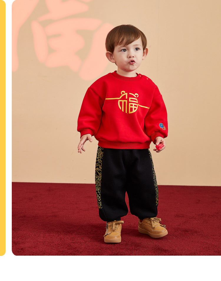 Z26010268寶寶衣服週歲寶寶冬季過年式衛衣女寶寶冬裙紅色拜年服