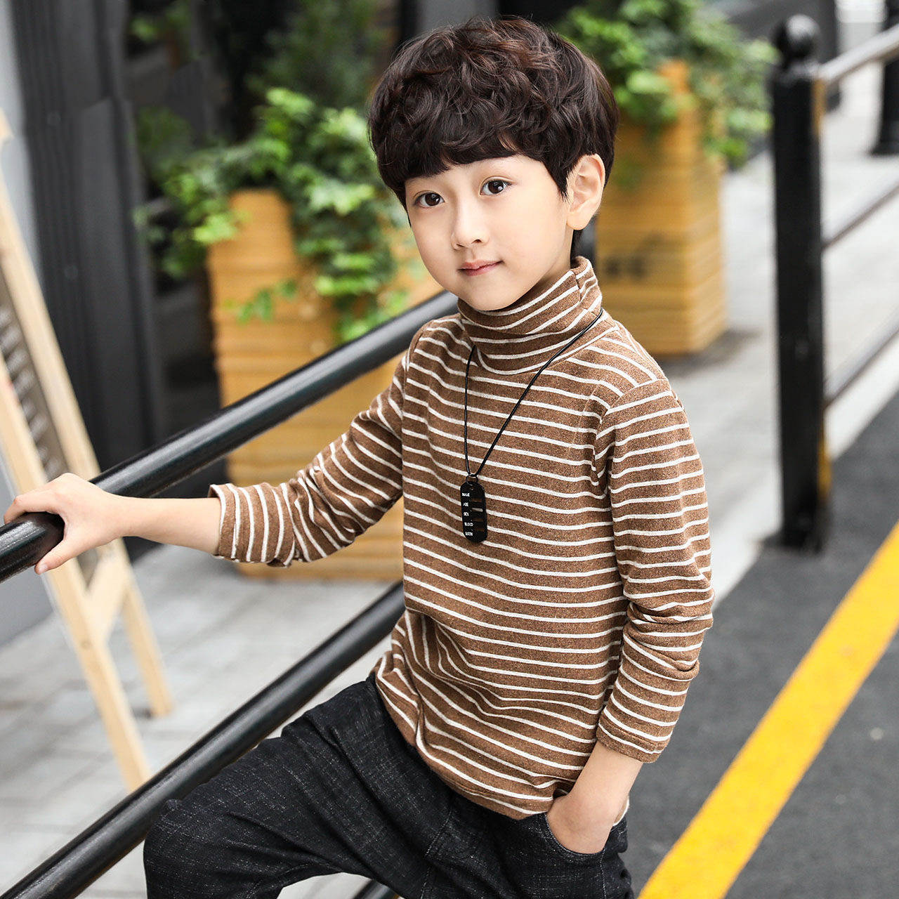 FG25112020童裝男童條紋春秋新款打底衫秋冬中半高領全身加絨T卹保暖上衣