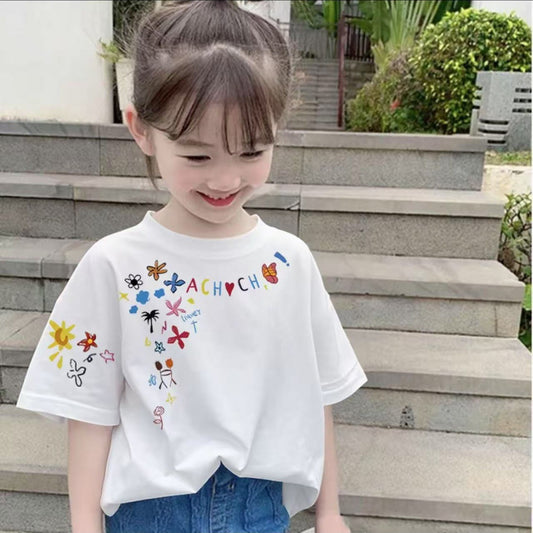 CE26022607女童純棉短袖夏季時尚兒童印花印花寬鬆百搭上衣中大童T卹半袖