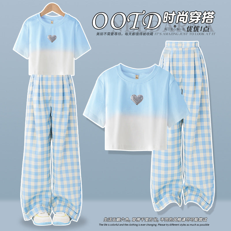 FM26042219多巴胺格子牛仔褲女童夏季2026新款休閒褲寬鬆童裝寬鬆風腿寬褲套裝